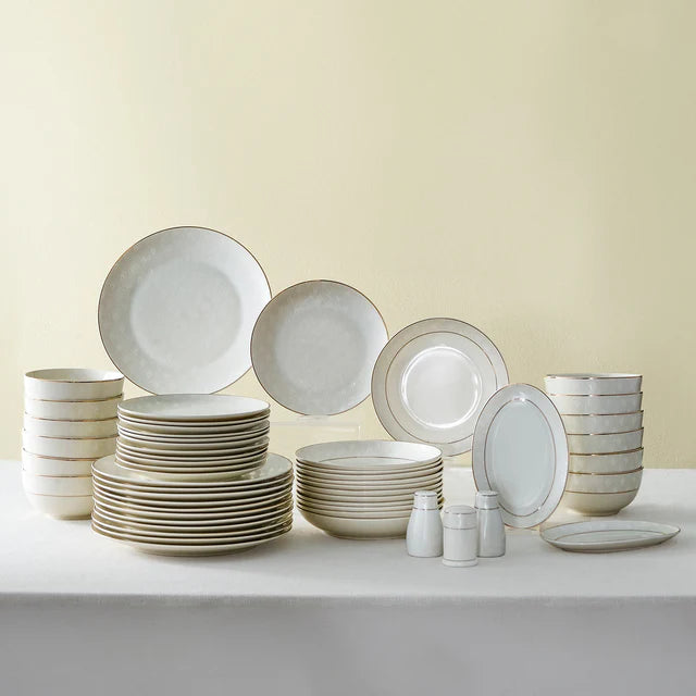 Karaca Pablo New Generation Bone Platina serviesset 59-delig voor 12 personen, serveerborden, taartborden, soepborden, nieuwe botten, tafelservies, dagelijks gebruik
