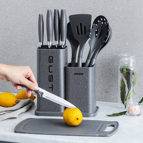 Karaca Gusto, 12-delige Messenset met Snijplank en Serveerplank, Grijs