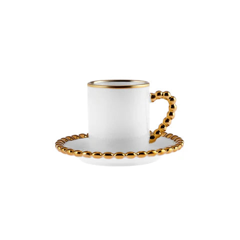 Karaca Boncuk 12-Piece Bone China Espresso Turkish Coffee Cup Set For 6 Persons, 80 Ml, White Gold