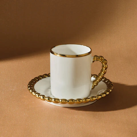 Karaca Boncuk 12-Piece Bone China Espresso Turkish Coffee Cup Set For 6 Persons, 80 Ml, White Gold