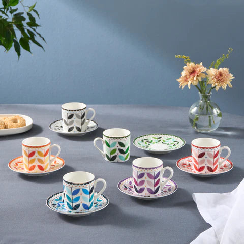 Karaca Tracy Gold 12-Piece Bone China Espresso Turkish Coffee Cup Set For 6 Persons, 80 Ml, Multicolored