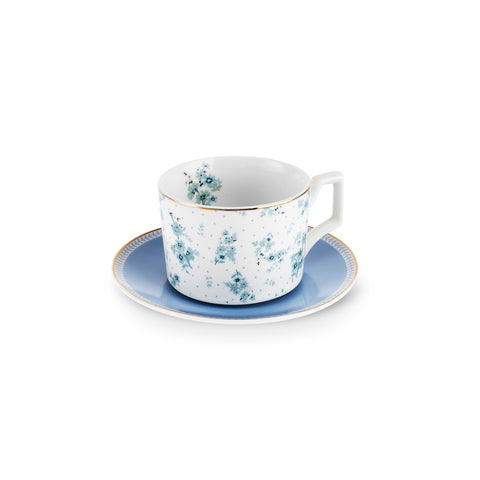 Karaca Jardin 4-Piece Bone China Tea Cup and Saucer Set for 2 People, 230 ml, Blue
