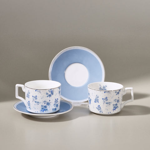 Karaca Jardin 4-Piece Bone China Tea Cup and Saucer Set for 2 People, 230 ml, Blue