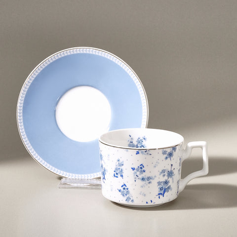 Karaca Jardin 4-Piece Bone China Tea Cup and Saucer Set for 2 People, 230 ml, Blue