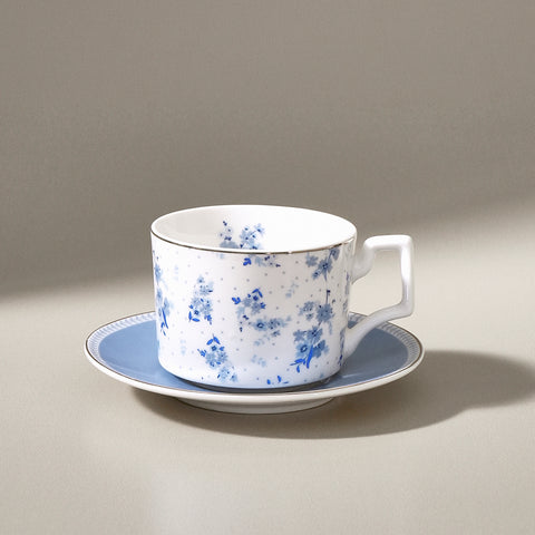 Karaca Jardin 4-Piece Bone China Tea Cup and Saucer Set for 2 People, 230 ml, Blue