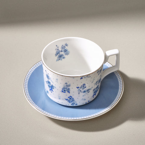 Karaca Jardin 4-Piece Bone China Tea Cup and Saucer Set for 2 People, 230 ml, Blue