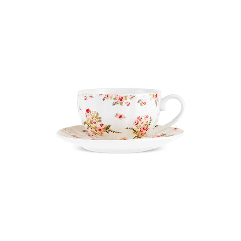 Karaca Blossom 12-delige Bone China Theekop- en Schotelset voor 6 Personen, 220 ml, Rood