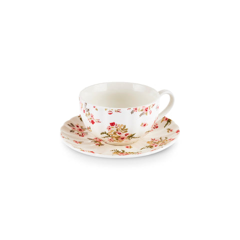 Karaca Blossom 12-delige Bone China Theekop- en Schotelset voor 6 Personen, 220 ml, Rood