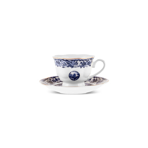 Karaca Old Town 12-Piece Bone China Espresso Turkish Coffee Cup Set for 6 People, 80 ml, Blue