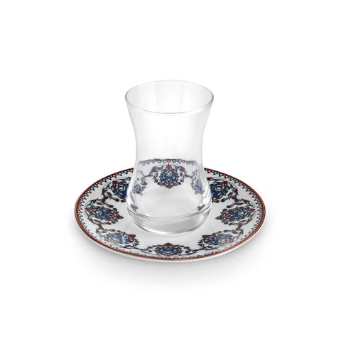Karaca Nakkas 12-delige Turkse Theeset van Bone China voor 6 Personen, 130 ml, Rood