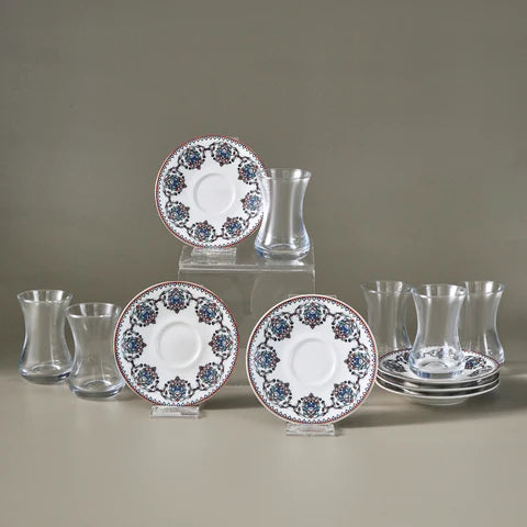 Karaca Nakkas 12-delige Turkse Theeset van Bone China voor 6 Personen, 130 ml, Rood