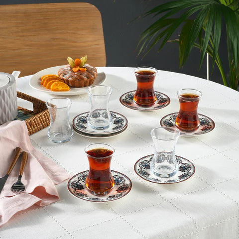 Karaca Nakkas 12-delige Turkse Theeset van Bone China voor 6 Personen, 130 ml, Rood