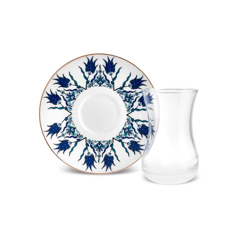 Karaca Iznik 12-delige Turkse Theeset van Bone China voor 6 Personen, 130 ml, Blauw