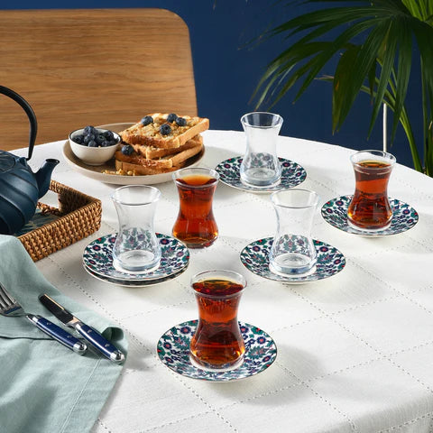 Karaca Edirne 12-delige Bone China Turkse theeset voor 6 personen, 130 ml, Meerkleurig