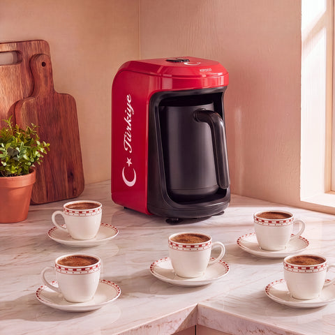 Karaca Hatır Hüps Türkiye – Turkish Coffee Machine with Milk Function, 5 Cups, with National Anthem, Flag Red
