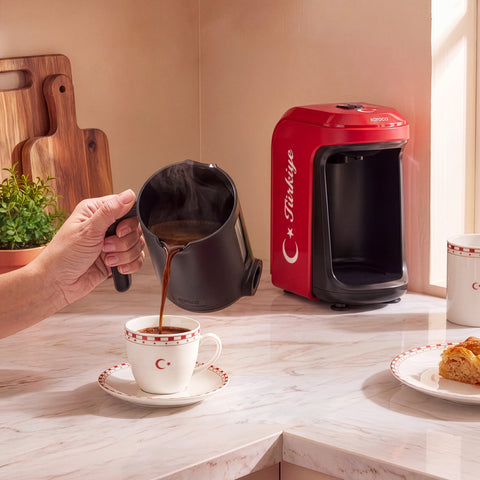 Karaca Hatır Hüps Türkiye – Turkish Coffee Machine with Milk Function, 5 Cups, with National Anthem, Flag Red
