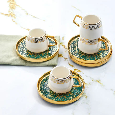 Karaca Verde 12 Piece Porcelain Espresso Turkish Coffee Cup Set for 6 People, 100ml, Multi