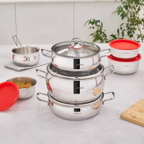 Karaca Stalen Pannenset Met Voorraadbus, 13-Delig